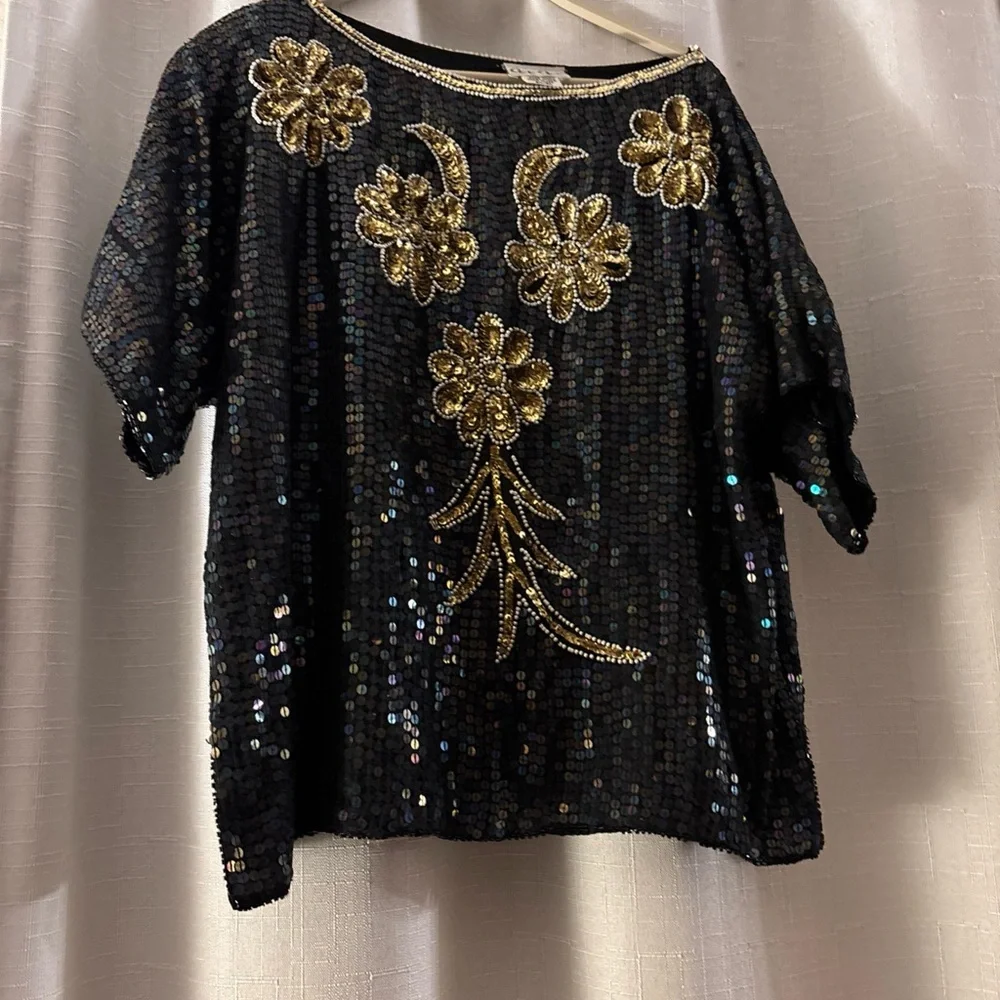 Vintage Size 20 CeeCee 100% Silk Hand Beaded Blouse Sequined Bling New Years - Picture 2 of 10